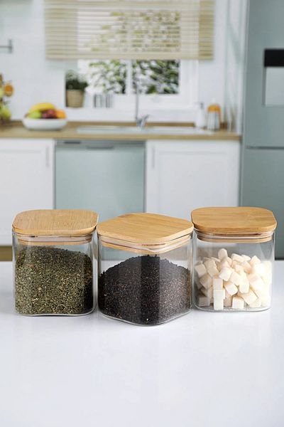 Kuka Bamboo Lid Borosilicate Glass Storage Container Set of 3 Small Size 9X8