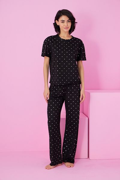 Siyah İnci black heart Foil Printed Knitted Pajama Set7845