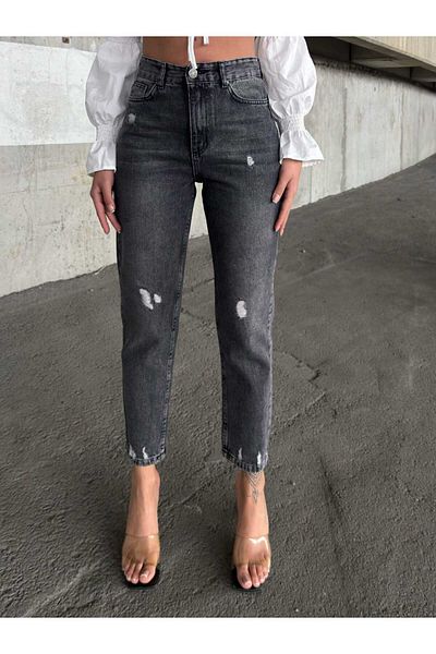 SHEVEGA Women's Smoked High Waist Laser Ripped Boyfriend Mom Jeans Denim Pants