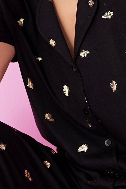 Siyah İnci Black Leaf Foil Printed Knitted Buttoned Pajama Suit7846