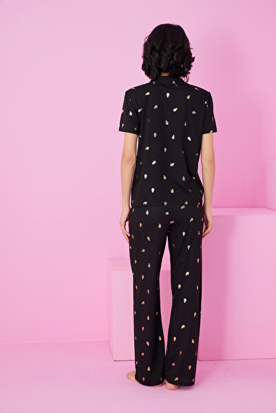 Siyah İnci Black Leaf Foil Printed Knitted Buttoned Pajama Suit7846