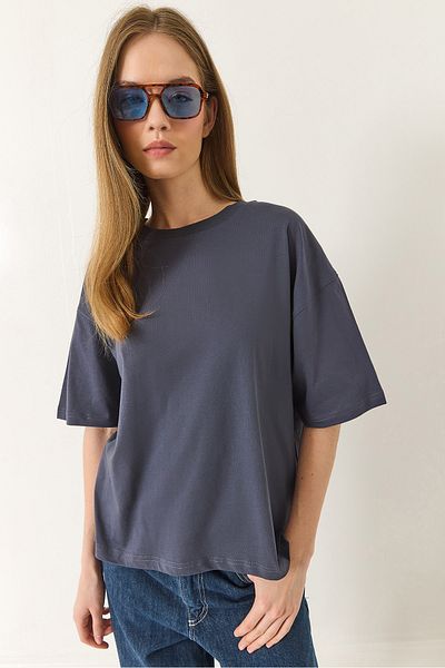 Bianco Lucci Women's 100% Organic Cotton Relaxed Fit Slit Round Neck T-Shirt 60602047