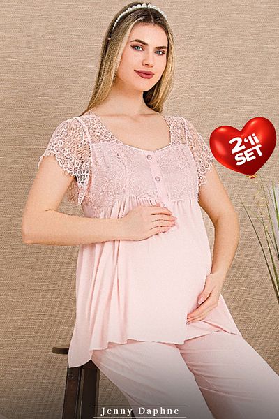 Jenny Daphne Viscose Fabric 2 Shoulder and Leg Lace Maternity Pajamas Set 33200