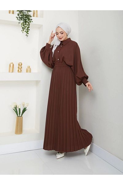 EFSUN MODA Πλισέ Φούστα και Πουκάμισο Πέτο Σετ Hijab - Καφέ