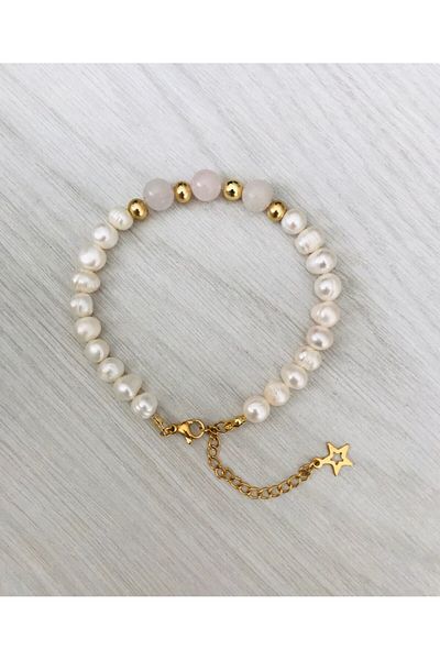 MK tasarım Real Pearl - Pink Quartz (a Quality) Bracelet Mkt20250001
