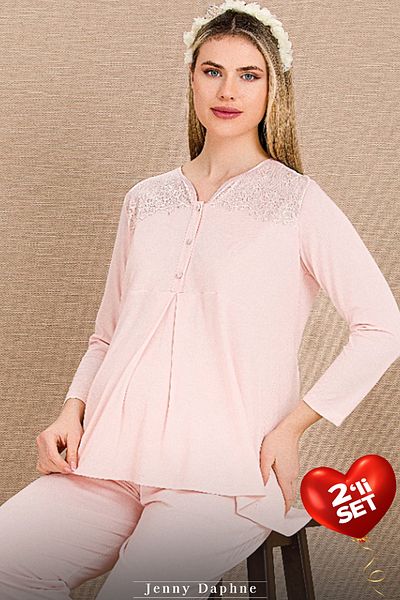 Jenny Daphne Viscose Fabric 2 Shoulder Lace Embroidered Maternity Pajamas Set 33201