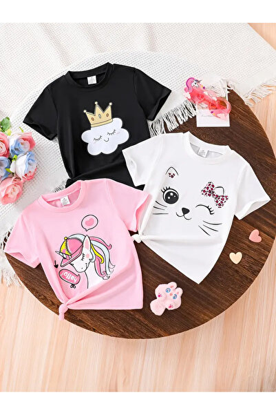 MORNİNG KİDS Κοριτσίστικο μπλουζάκι 3 συσκευασιών Unicorn-Cat-Cloud με στάμπα...