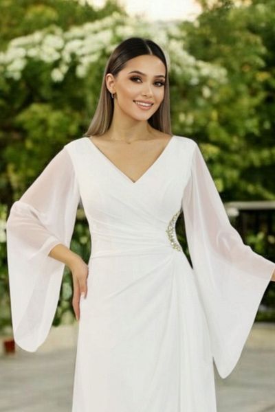 FaBe Fashion White Chiffon Wedding Engagement Promise and Outside Shooting Dress with Long Shawl Sleeves V-Neck Waist Stone Accessories