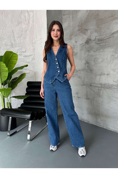 Elif Özbey Butik Blue Design Vest Jean Suit