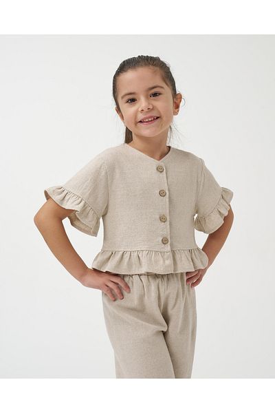 Minipodyum Girl's Buttoned Linen Summer Double Set