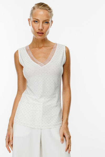 ON TRİKO Yakası Tül Taşlı Bluz 51396-25