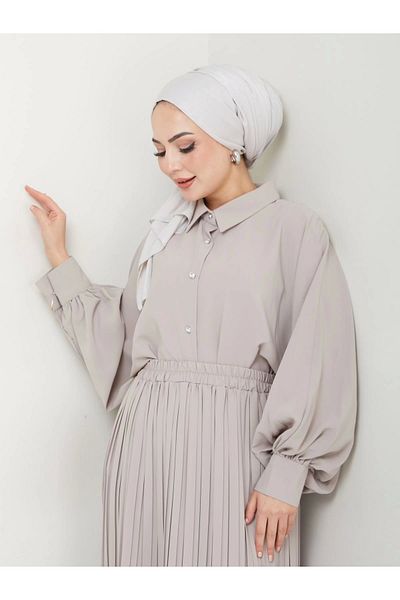EFSUN MODA Μπεζ Χρώμα Φούστα Πλισέ και Πουκάμισο Πέτο Σετ Hijab