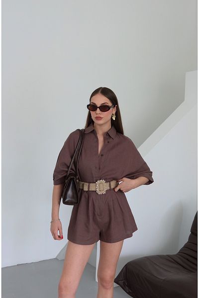 Laluvia Brown Straw Belted Shirt Shorts Set - 51036
