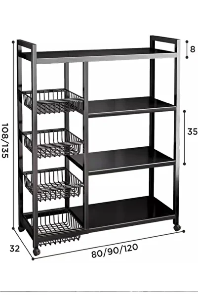 Cady One Iron kitchen storage rack with 4 shelves and 4 storage baskets with wheels