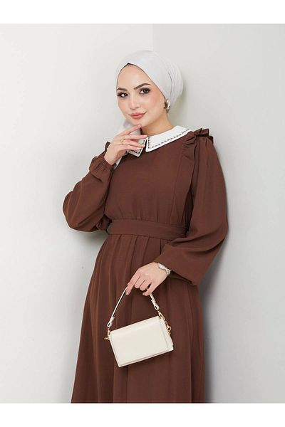 EFSUN MODA Γυναικείο φόρεμα με κεντημένο μουσουλμανικό γιακά σε καφέ χρώμα
