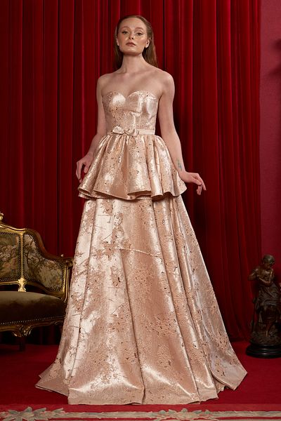 Lenta Moda Brocade Fabric Skin Color Maxi Length Evening Dress and Evening Dress