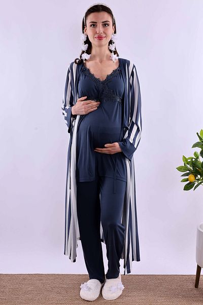 ByLohusa Effortt Navy Blue Maternity Pajama Set with Dressing Gown