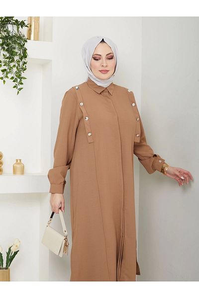 EFSUN MODA Beige Colored Long Shirt Set - Battal Hijab