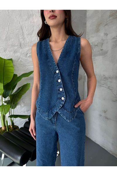 Elif Özbey Butik Blue Design Vest Jean Suit