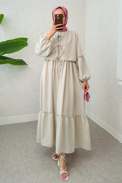 Salih Çelebi Balon Kol Bolerolu Elbise Takım 2271 - TAŞ RENGİ