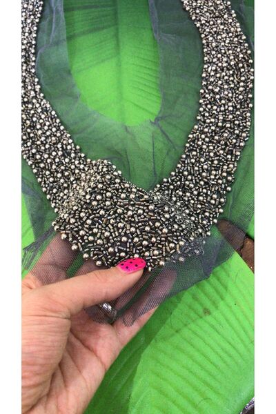 Gönülden Tasarım Γκρι Απλικέ Ραφής Κολάρα 33 cm με Σχέδιο Χάντρες