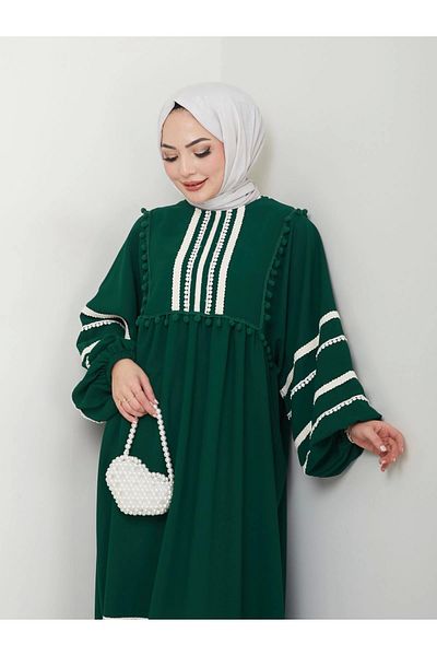 EFSUN MODA Emerald Color Lace Women's Dress - Hijab Stripe