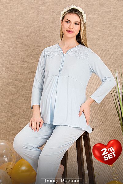 Jenny Daphne Set de pijamale de maternitate brodate din dantelă din țesătură din viscoză 33201
