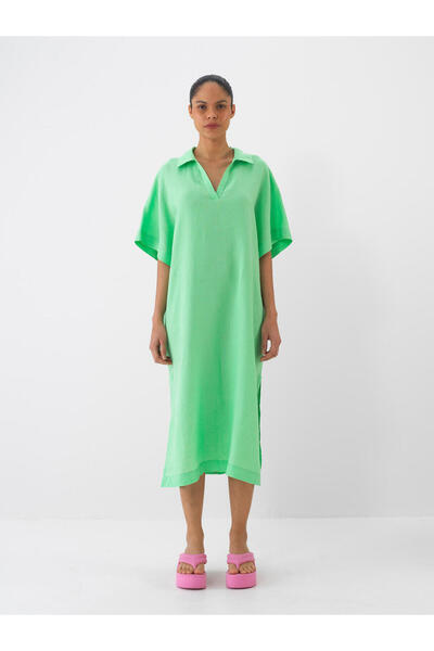 Xint Kadın Yeşil Oversize Keten Polo Yaka Basic Elbise