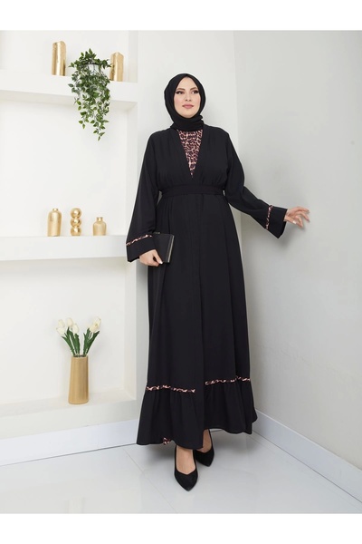 EFSUN MODA KADIN TESETTÜR LEOPAR ELBİSE İKİLİ ABAYA TAKIM SİYAH