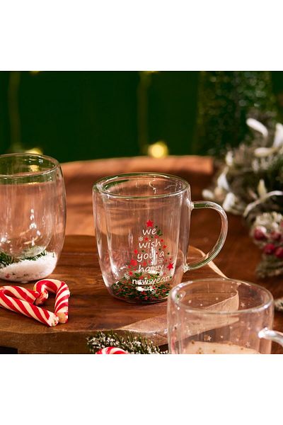 Karaca Karaca Neujahrs-Weihnachtsbecher „Pia“ mit doppeltem Baumbesatz, 350 ml, transparent