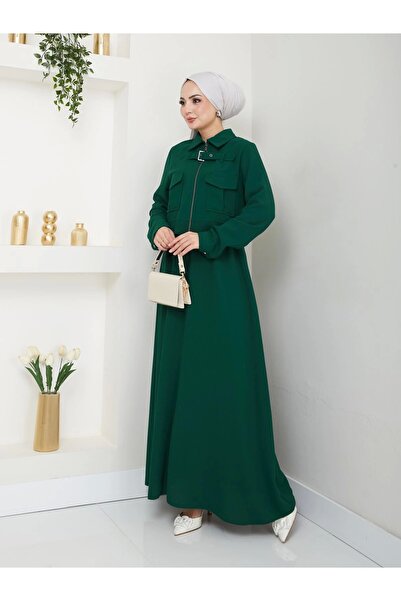 EFSUN MODA Emerald Colored Hijab Set - with Skirt, Pocket, Zipper, Jacket