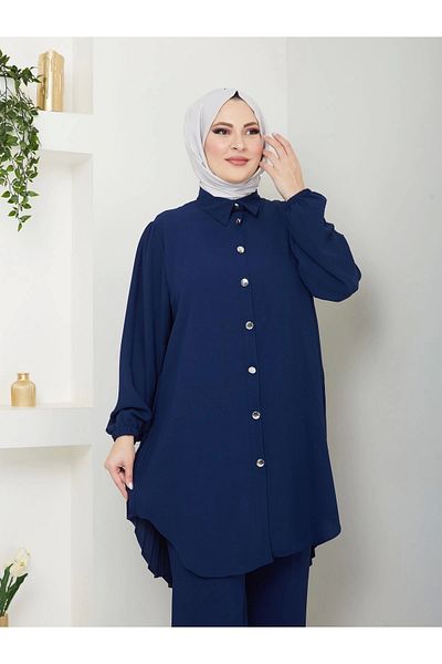 EFSUN MODA Navy Blue Pleated Shirt and Hijab Set