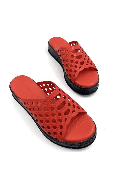 Lizizu Piele naturală roșie - Papuci casual pentru femei tăiați cu laser, talpă groasă