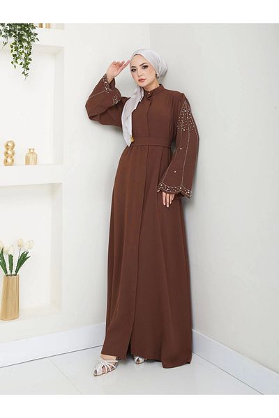 EFSUN MODA Γυναικείο Φόρεμα Ferace - Μουσουλμανικά Ρούχα με Λεπτομέρεια Πέτρας, Καφέ Χρώμα