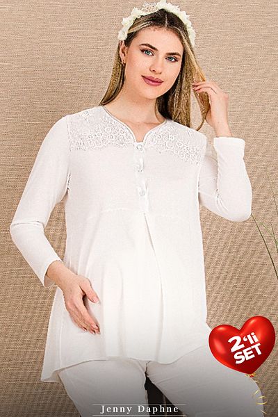 Jenny Daphne Viscose Fabric 2 Shoulder Lace Embroidered Maternity Pajamas Set 33201