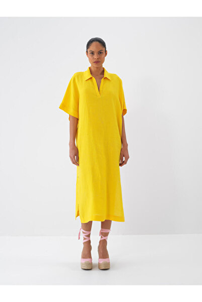 Xint Kadın Sarı Oversize Keten Polo Yaka Basic Elbise