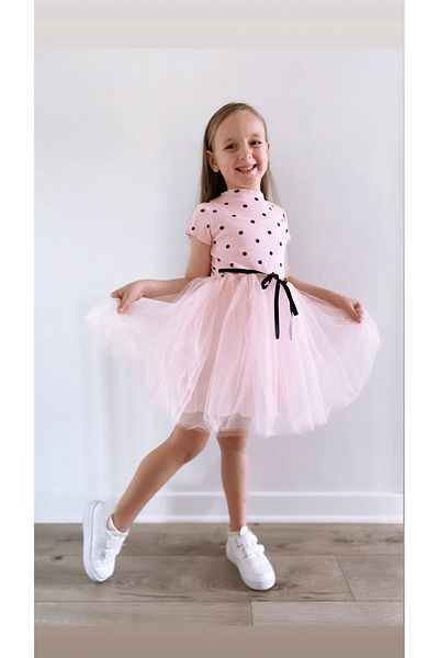 Şirin Şeyler Butiği Rochie Linda cu mânecă scurtă pentru fetiță, prințesă, pufoasă, roz pudrat, rochie tutu din lycra elastică cu buline