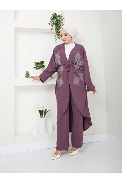 EFSUN MODA TAŞLİ KİMONO AYROBİN TESETTÜR TAKIM 634 MÜRDÜM