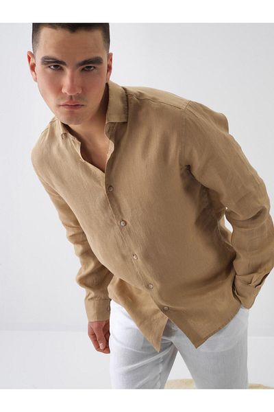 Xint Men's Camel Regular Fit Linen Italian Collar Basic Shirt