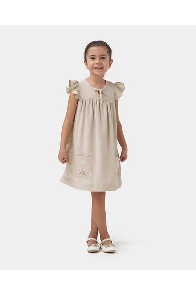 Minipodyum Girl's Embroidered Linen Summer Dress with Pockets