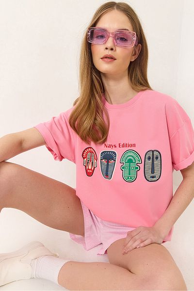Bianco Lucci Women's Printed Oversize Short Sleeve Basic T-Shirt 60284034