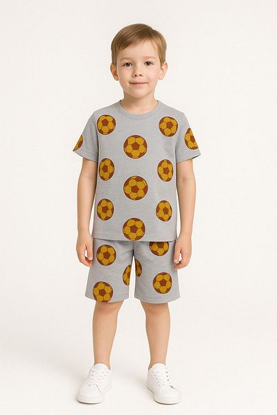 Trend Bebe Butik Football Ball Patterned Boys Shorts Suit |   Gray Summer 2-Piece Sports Outfit |   3-12 Years