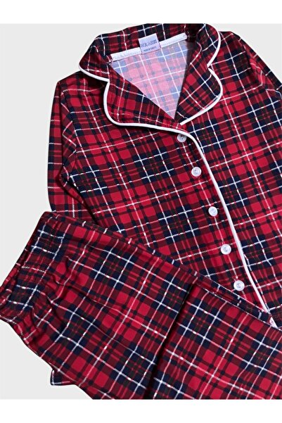 ALİŞ KİDS Kız Çocuk %100 Pamuklu Kırmızı Ekose Desenli Uzun Kollu Gömlek Yaka Düğmeli Pijama Takımı