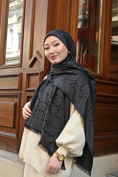 Pull Scarfs Imported Wool Silk C Pattern Shawl Black