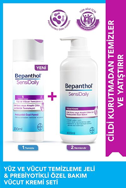 Bepanthol Sensidaily Günlük Vücut Bakım Kremi 400ml + Yüz ve Vücut Temizleme Jeli 200ml - Çok Kuru Atopik Cilt
