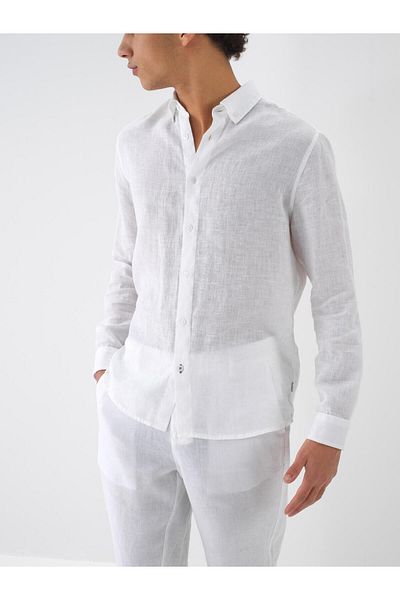 Xint Men's White Regular Fit Linen Basic Shirt