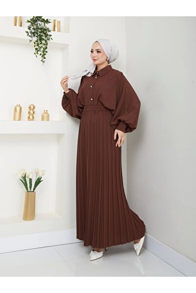 EFSUN MODA Πλισέ Φούστα και Πουκάμισο Πέτο Σετ Hijab - Καφέ