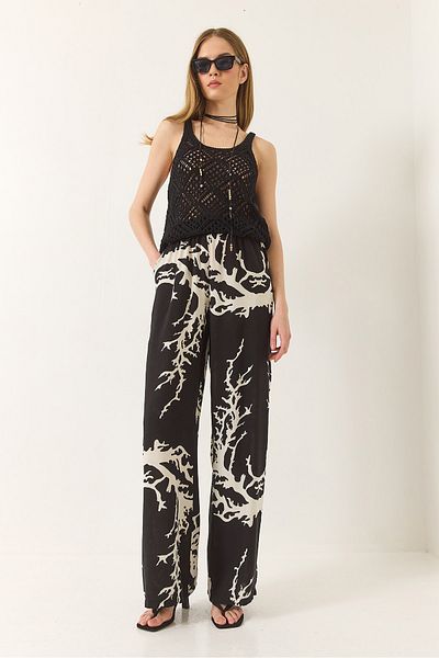 Bianco Lucci Women's Elastic Waist Patterned Pocket Detailed Flowy Viscose Palazzo Trousers 60284035