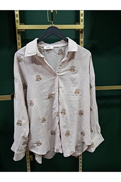 AyceButik ÇİÇEK NAKIŞLI BAMBU KETEN GÖMLEK