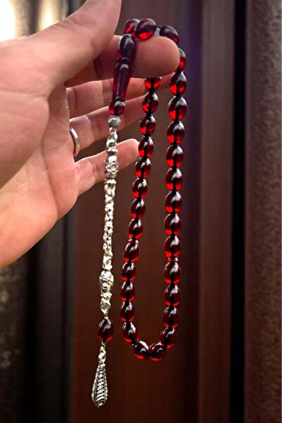 Atolyezone Sertifikalı Usta Işçilikli Sıkma Gümüş Kaplama Kan Kırmızı Ateş Kehribar Tesbih